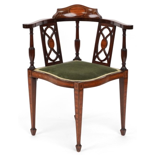 2124 - Edwardian inlaid mahogany corner chair with green upholstered seat, 73cm High