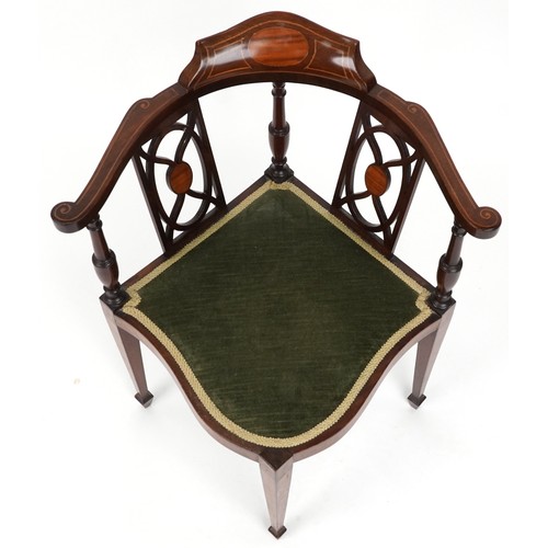 2124 - Edwardian inlaid mahogany corner chair with green upholstered seat, 73cm High