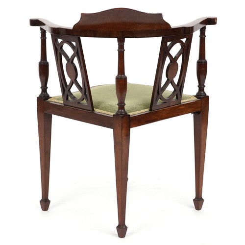 2124 - Edwardian inlaid mahogany corner chair with green upholstered seat, 73cm High