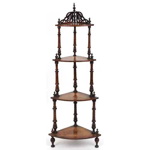 2139 - Victorian bow fronted inlaid four tier corner whatnot with marquetry inlay and twisted supports, 148... 