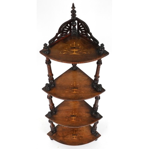 2139 - Victorian bow fronted inlaid four tier corner whatnot with marquetry inlay and twisted supports, 148... 