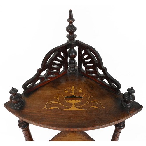 2139 - Victorian bow fronted inlaid four tier corner whatnot with marquetry inlay and twisted supports, 148... 