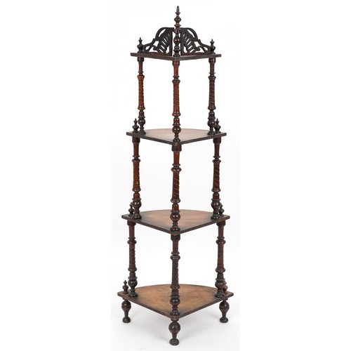 2139 - Victorian bow fronted inlaid four tier corner whatnot with marquetry inlay and twisted supports, 148... 