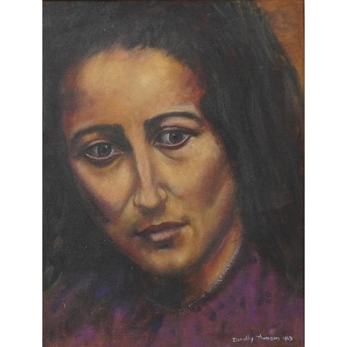 2028 - Dorothy Thomson 1963 - top half portrait of a female, oil on board, 60cm x 45cm excluding the frame