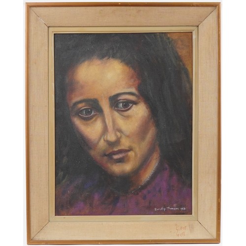 2028 - Dorothy Thomson 1963 - top half portrait of a female, oil on board, 60cm x 45cm excluding the frame