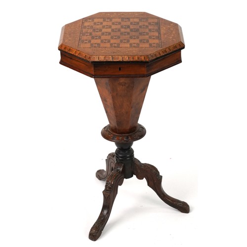 2043 - Victorian inlaid walnut octagonal trumpet work games table with parquetry and marquetry inlaid top a... 