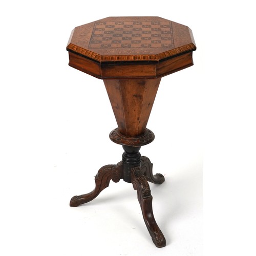 2043 - Victorian inlaid walnut octagonal trumpet work games table with parquetry and marquetry inlaid top a... 