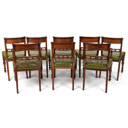 2013 - WITHDRAWN Set of eight Regency mahogany dining chairs with green leather upholstered stuff over seat... 