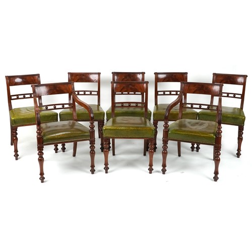 2013 - WITHDRAWN Set of eight Regency mahogany dining chairs with green leather upholstered stuff over seat... 