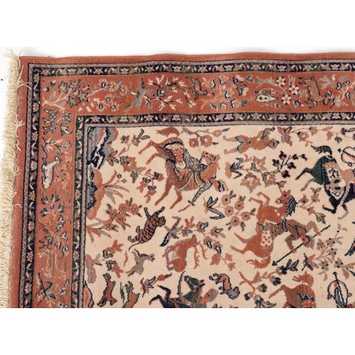 2190A - Rectangular Iranian rug decorated with warriors on horseback, 168cm x 114cm