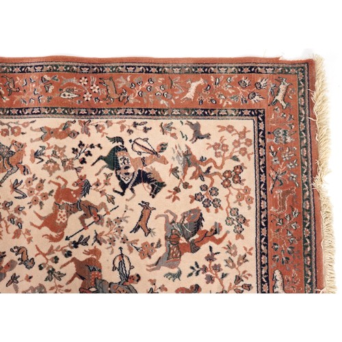 2190A - Rectangular Iranian rug decorated with warriors on horseback, 168cm x 114cm