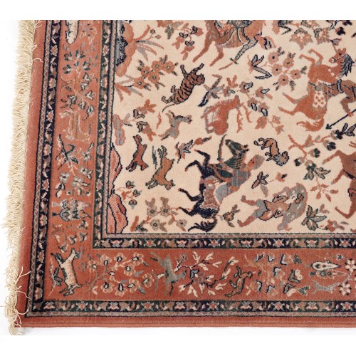 2190A - Rectangular Iranian rug decorated with warriors on horseback, 168cm x 114cm