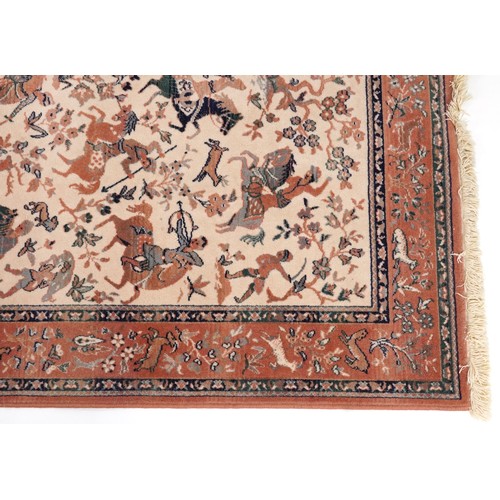 2190A - Rectangular Iranian rug decorated with warriors on horseback, 168cm x 114cm