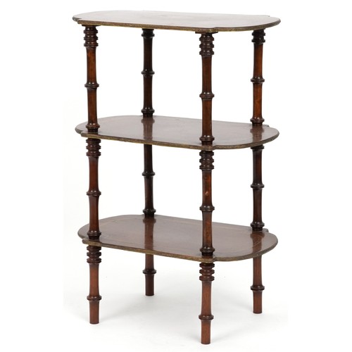 2046 - 19th century brass line inlaid mahogany three tier whatnot with turned supports, 73.5cm H x 50cm W x... 