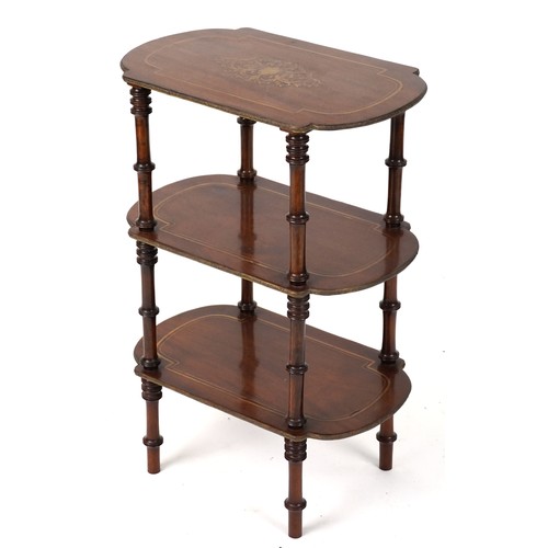 2046 - 19th century brass line inlaid mahogany three tier whatnot with turned supports, 73.5cm H x 50cm W x... 