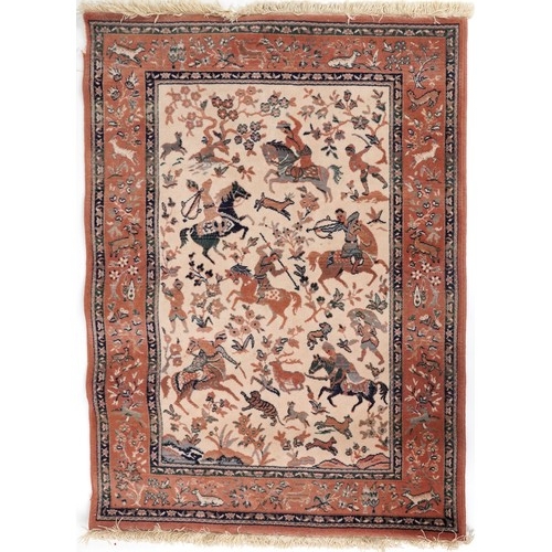 2190A - Rectangular Iranian rug decorated with warriors on horseback, 168cm x 114cm