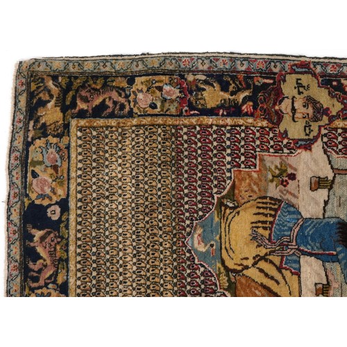 2181 - Rectangular Persian rug decorated with a figure praying, 129cm x 79cm