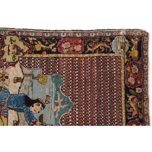 2181 - Rectangular Persian rug decorated with a figure praying, 129cm x 79cm