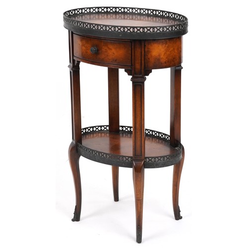 2125 - Theodore Alexander Louis XV style oval side table with quarter veneered top, under tier, pierced bro... 