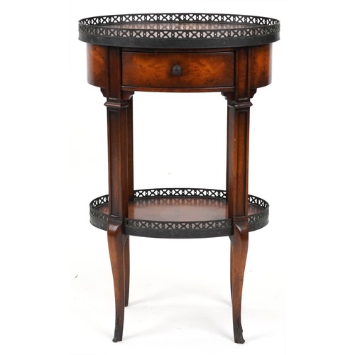 2125 - Theodore Alexander Louis XV style oval side table with quarter veneered top, under tier, pierced bro... 