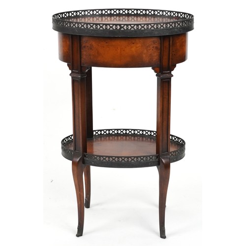 2125 - Theodore Alexander Louis XV style oval side table with quarter veneered top, under tier, pierced bro... 