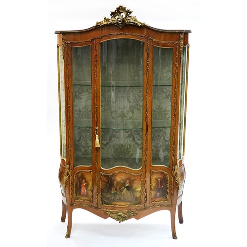 French Louis XV style ormolu mounted kingwood Bombe Vitrine having central glazed doors and side panels with lower inset Verners Martin panels on splayed legs, 190cm H x 110cm W x 47cm D