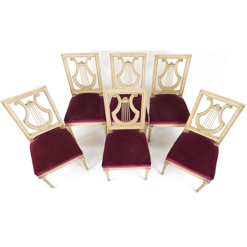 2055 - Set of six French cream painted dining chairs with lyre backs, pink upholstered seats on fluted legs... 