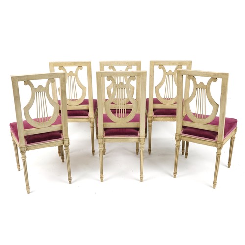 2055 - Set of six French cream painted dining chairs with lyre backs, pink upholstered seats on fluted legs... 