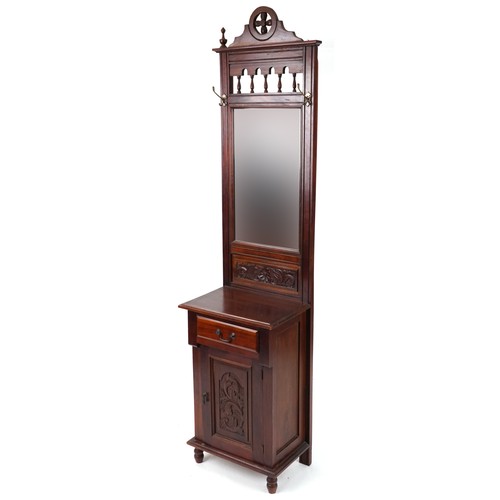 2107 - Art Nouveau walnut hall stand with mirrored back, frieze drawer and cupboard  base, 209cm H x 50cm W... 