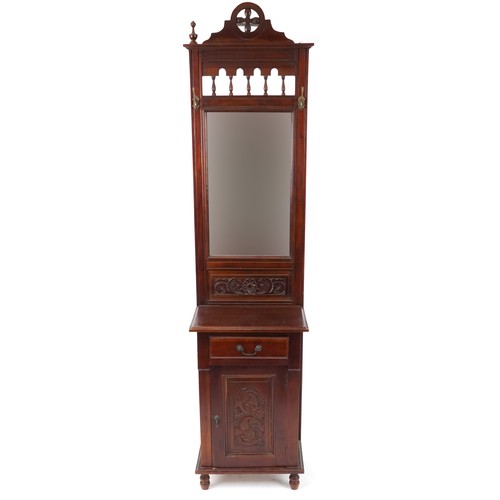 2107 - Art Nouveau walnut hall stand with mirrored back, frieze drawer and cupboard  base, 209cm H x 50cm W... 