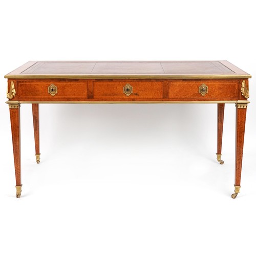 2014 - 19th century line inlaid amboyna Bureau plat  with ormolu mounts on tapering legs, impressed La Port... 