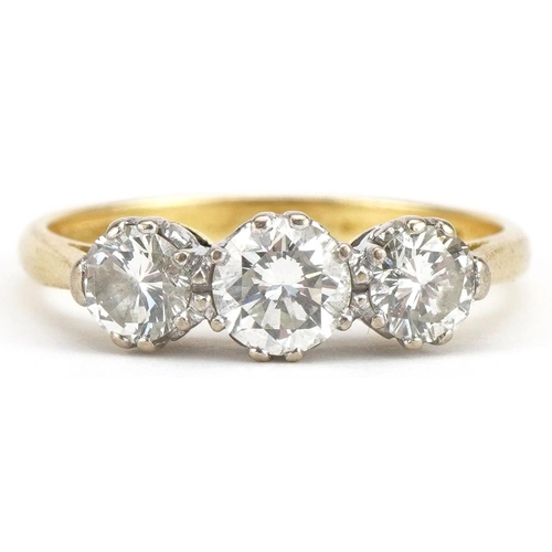 3045A - 18ct gold diamond three stone ring, total diamond weight approximately 1.45 carat, size U, 4.5g