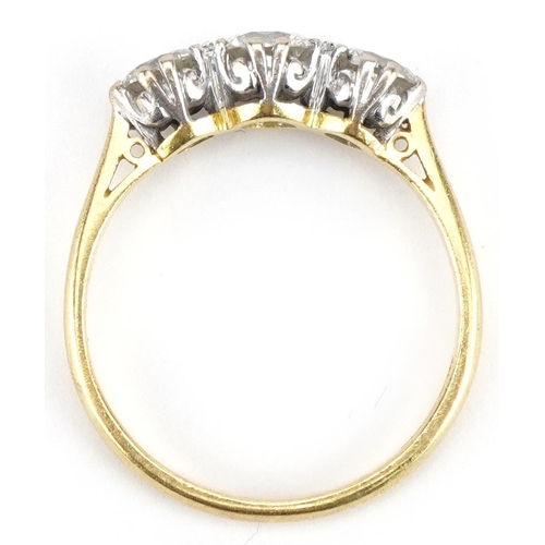 3045A - 18ct gold diamond three stone ring, total diamond weight approximately 1.45 carat, size U, 4.5g