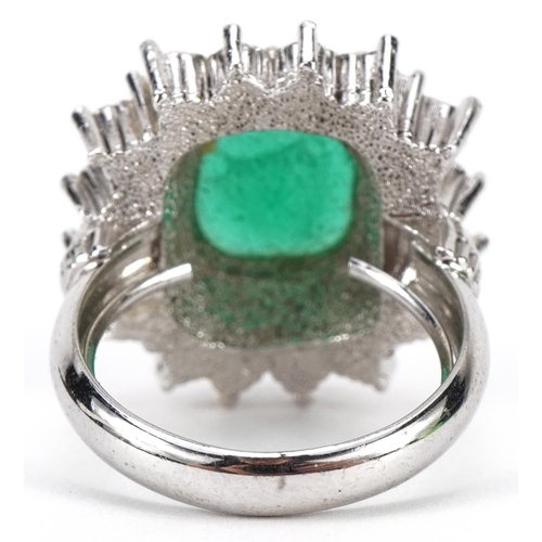 2630A - White metal green and clear stone three tier cluster ring, size P, 12.0g