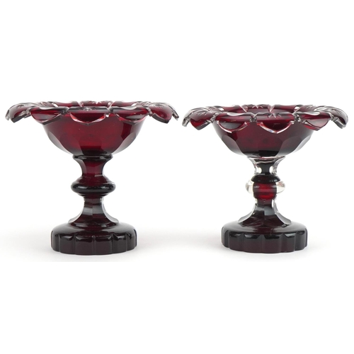 130 - Pair of Bohemian ruby flashed cut glass pedestal bonbon dishes, each 14cm high x 16.5cm in diameter