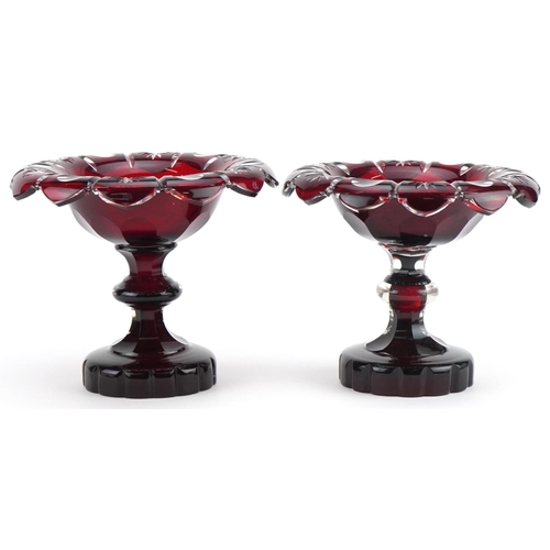 130 - Pair of Bohemian ruby flashed cut glass pedestal bonbon dishes, each 14cm high x 16.5cm in diameter