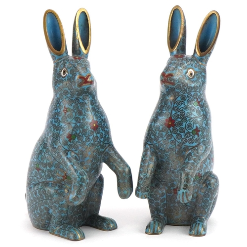 318 - Pair of Chinese cloisonne hares enamelled with flowers, each 13cm high