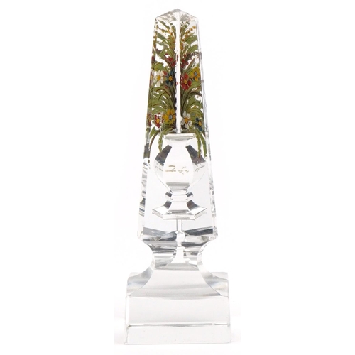 187A - Regency cut glass obelisk hand painted with flowers, 11cm high