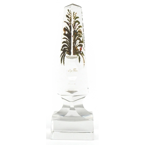 187A - Regency cut glass obelisk hand painted with flowers, 11cm high