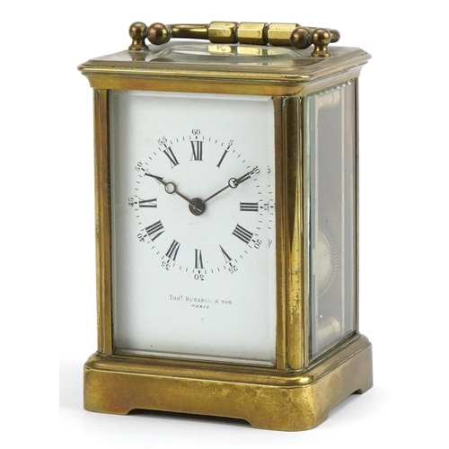 230 - Large 19th century brass cased carriage clock retailed by Thomas Rossell & Son of Paris with enamell... 