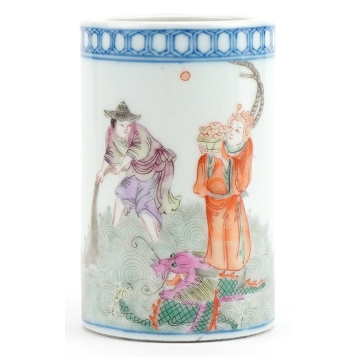 330 - Chinese porcelain cylindrical brush pot hand painted in the famille rose palette with an emperor rid... 