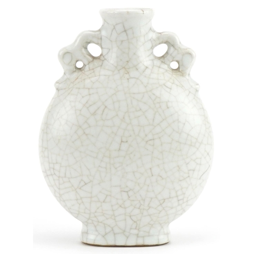 154 - Chinese Ge ware type crackle glazed moon flask having twin handles, 16cm high