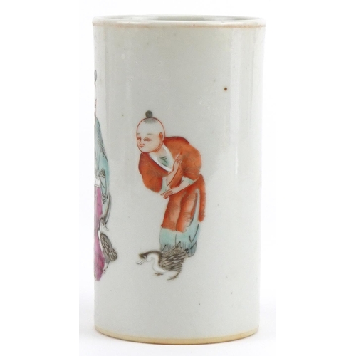 1135 - Chinese porcelain cylindrical brush pot hand painted in the famille rose palette with an emperor and... 