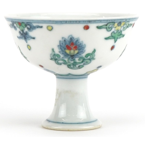 1218 - Chinese doucai porcelain stem bowl hand painted with flowers, 8cm high