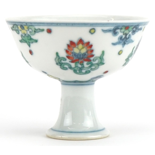 1218 - Chinese doucai porcelain stem bowl hand painted with flowers, 8cm high