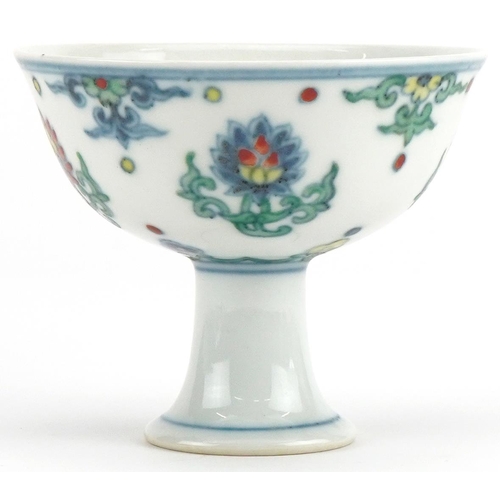 1218 - Chinese doucai porcelain stem bowl hand painted with flowers, 8cm high