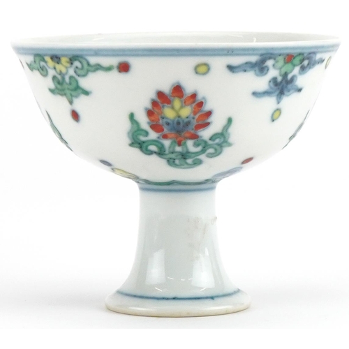 1218 - Chinese doucai porcelain stem bowl hand painted with flowers, 8cm high