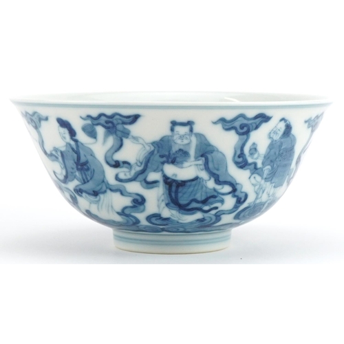 320 - Chinese blue and white porcelain bowls hand painted with immortals amongst clouds, six figure charac... 