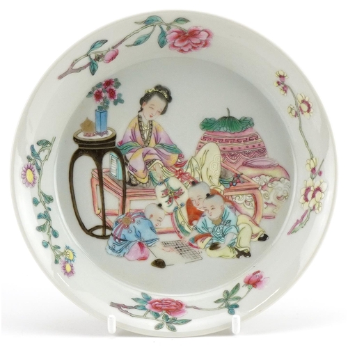 319 - Chinese porcelain dish hand painted in the famille rose palette with a mother and children playing, ... 