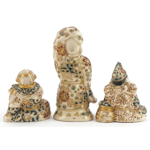 161 - Three Japanese Satsuma pottery figures including two warriors, the largest 9.5cm high